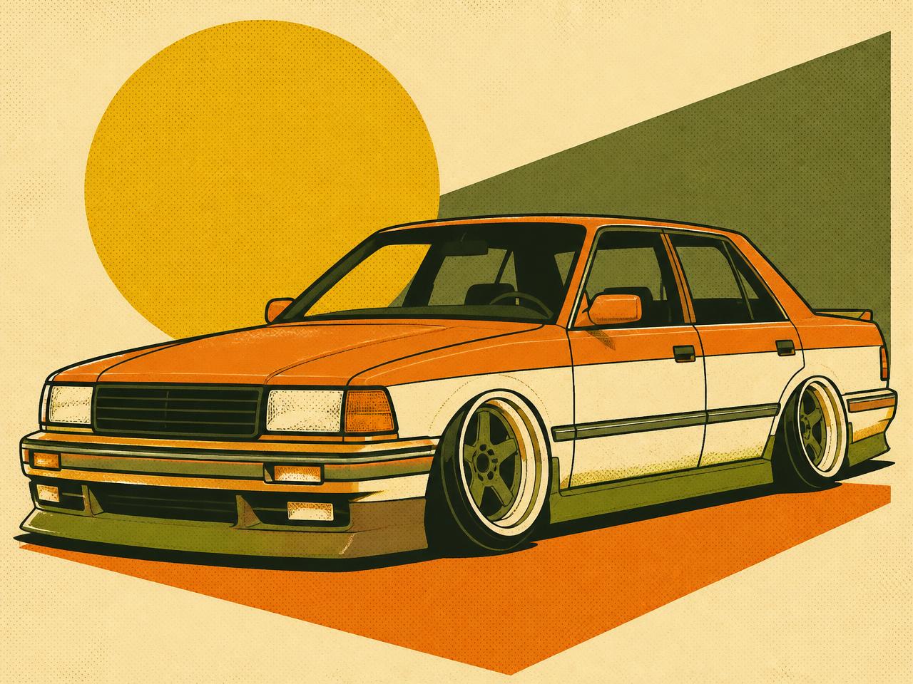 Illustration originale d’une voiture stylisée aux couleurs de Bagnole.ch